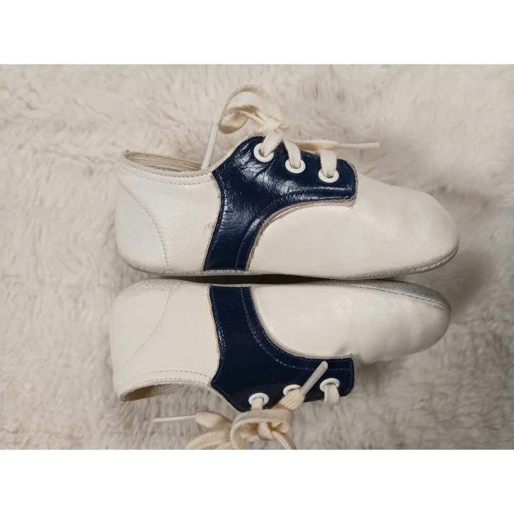 Vtg Mrs. Day's Ideal Baby Shoe White & Navy‎ Soft Leather Shoes Infant  Wearable